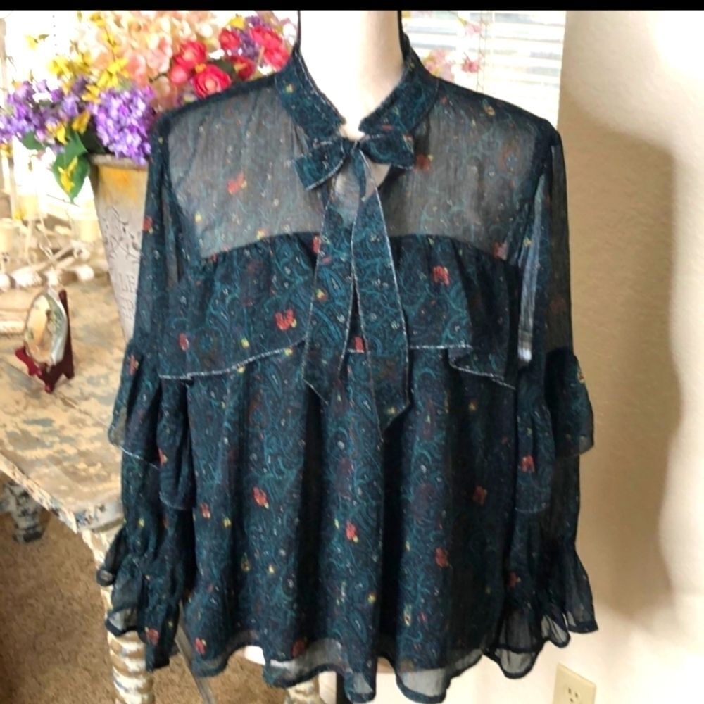 Lucky Brand Dark Green Ruffle High Neck Top Med